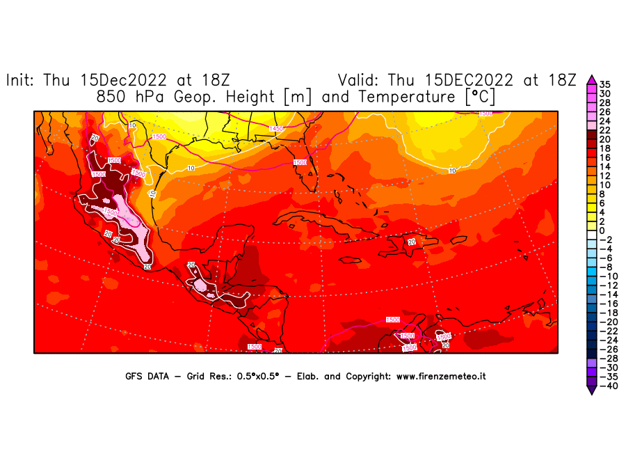 Mappa di analisi GFS - Geopotenziale [m] e Temperatura [°C] a 850 hPa in Centro-America
							del 15/12/2022 18 <!--googleoff: index-->UTC<!--googleon: index-->