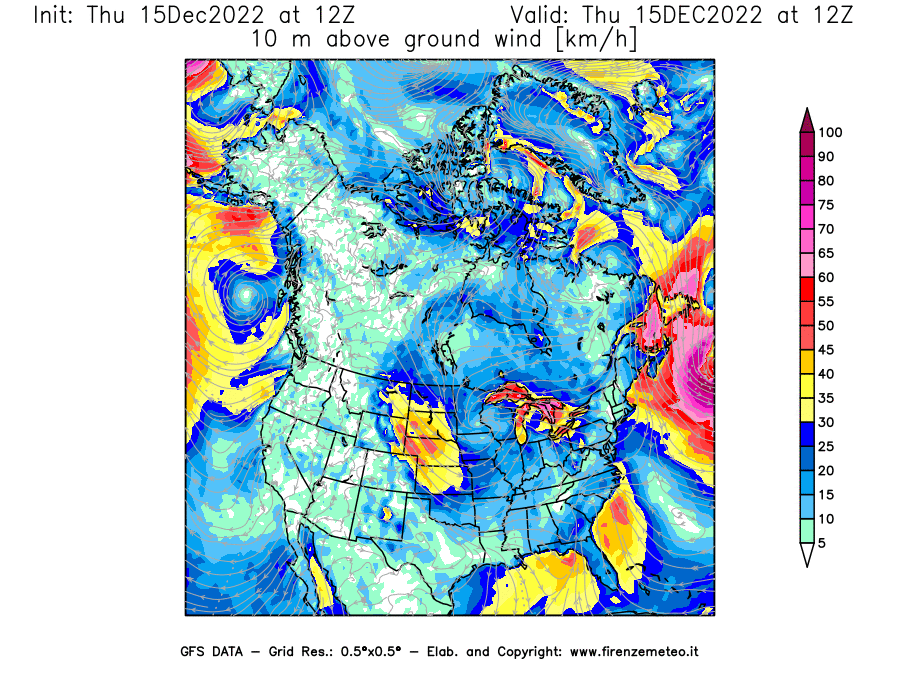 Mappa di analisi GFS - Velocità del vento a 10 metri dal suolo [km/h] in Nord-America
							del 15/12/2022 12 <!--googleoff: index-->UTC<!--googleon: index-->