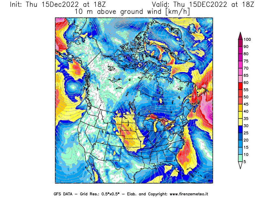 Mappa di analisi GFS - Velocità del vento a 10 metri dal suolo [km/h] in Nord-America
							del 15/12/2022 18 <!--googleoff: index-->UTC<!--googleon: index-->