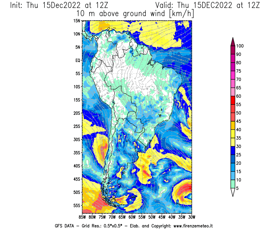 Mappa di analisi GFS - Velocità del vento a 10 metri dal suolo [km/h] in Sud-America
							del 15/12/2022 12 <!--googleoff: index-->UTC<!--googleon: index-->