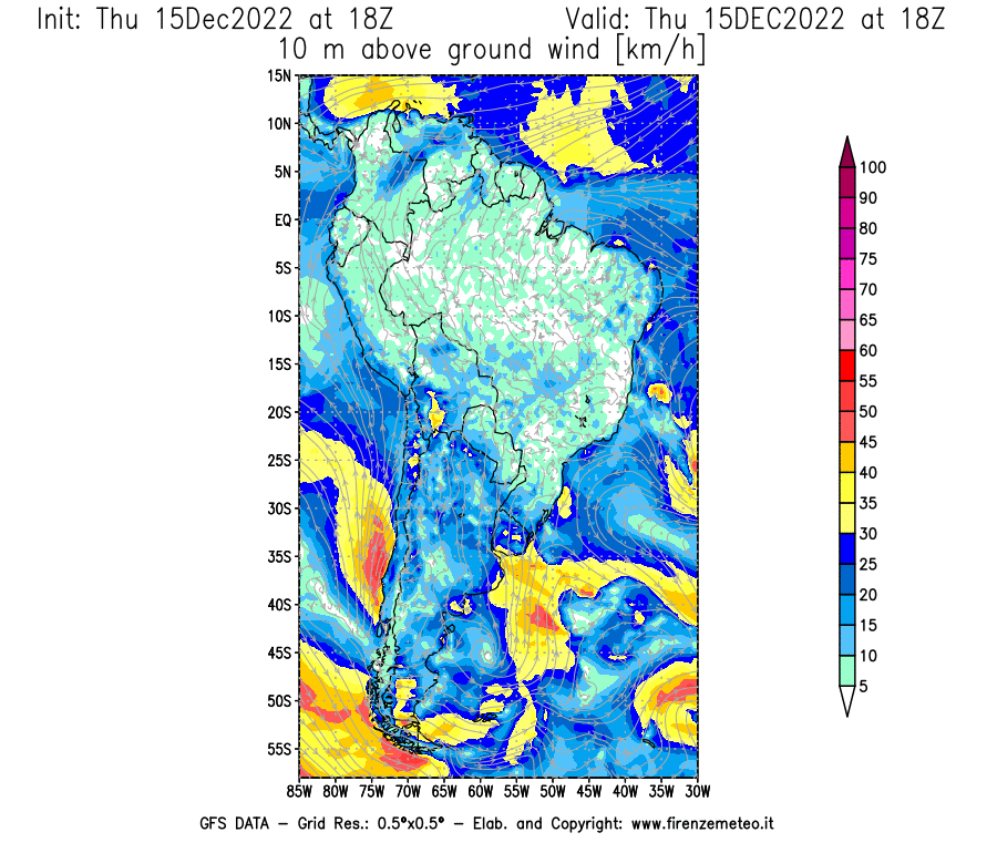 Mappa di analisi GFS - Velocità del vento a 10 metri dal suolo [km/h] in Sud-America
							del 15/12/2022 18 <!--googleoff: index-->UTC<!--googleon: index-->