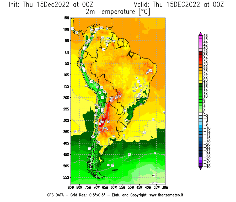 Mappa di analisi GFS - Temperatura a 2 metri dal suolo [°C] in Sud-America
							del 15/12/2022 00 <!--googleoff: index-->UTC<!--googleon: index-->
