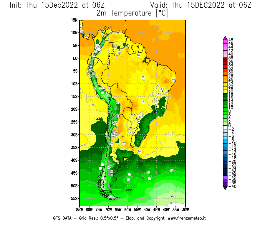 Mappa di analisi GFS - Temperatura a 2 metri dal suolo [°C] in Sud-America
							del 15/12/2022 06 <!--googleoff: index-->UTC<!--googleon: index-->