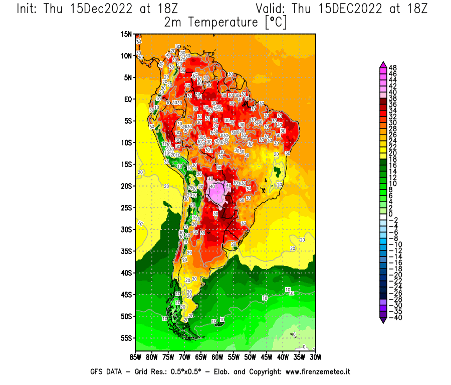 Mappa di analisi GFS - Temperatura a 2 metri dal suolo [°C] in Sud-America
							del 15/12/2022 18 <!--googleoff: index-->UTC<!--googleon: index-->