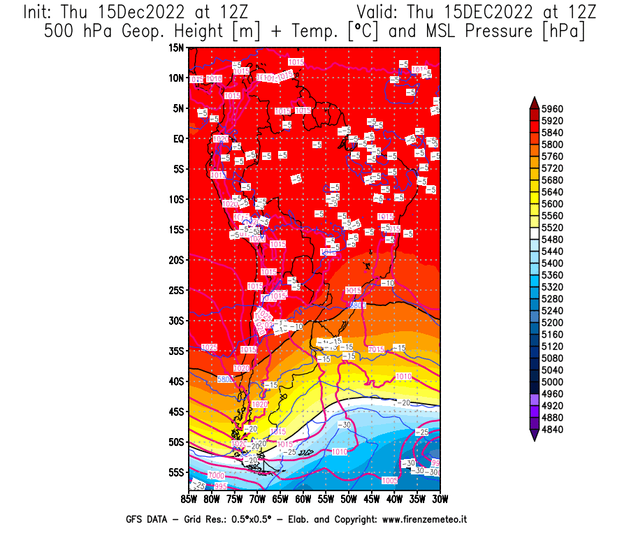 Mappa di analisi GFS - Geopotenziale [m] + Temp. [°C] a 500 hPa + Press. a livello del mare [hPa] in Sud-America
							del 15/12/2022 12 <!--googleoff: index-->UTC<!--googleon: index-->