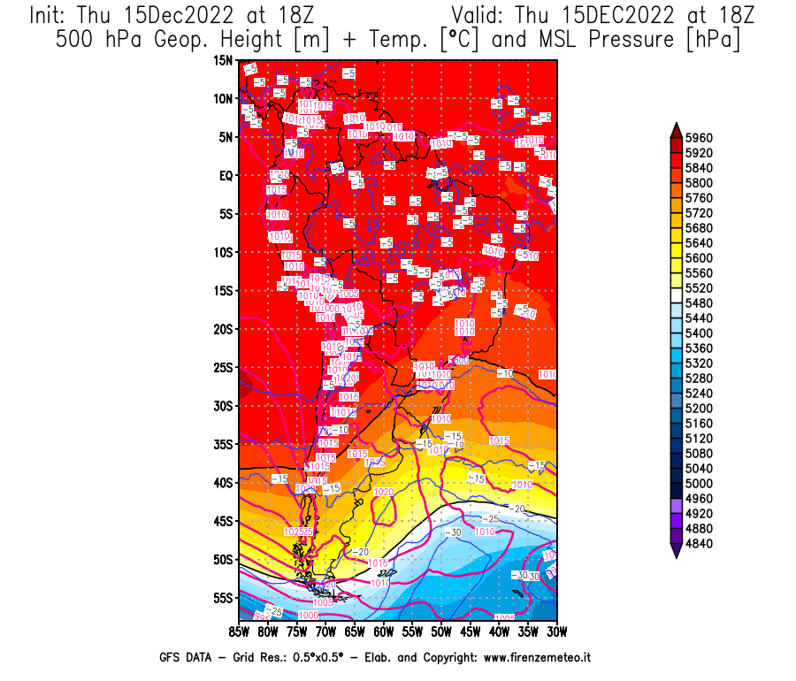 Mappa di analisi GFS - Geopotenziale [m] + Temp. [°C] a 500 hPa + Press. a livello del mare [hPa] in Sud-America
							del 15/12/2022 18 <!--googleoff: index-->UTC<!--googleon: index-->