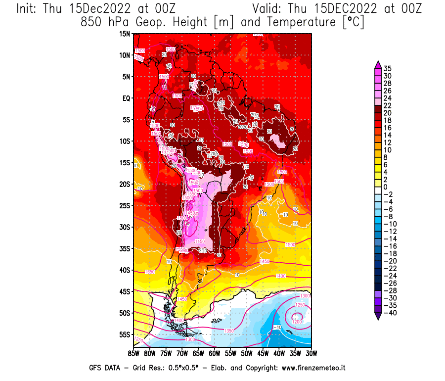 Mappa di analisi GFS - Geopotenziale [m] e Temperatura [°C] a 850 hPa in Sud-America
							del 15/12/2022 00 <!--googleoff: index-->UTC<!--googleon: index-->