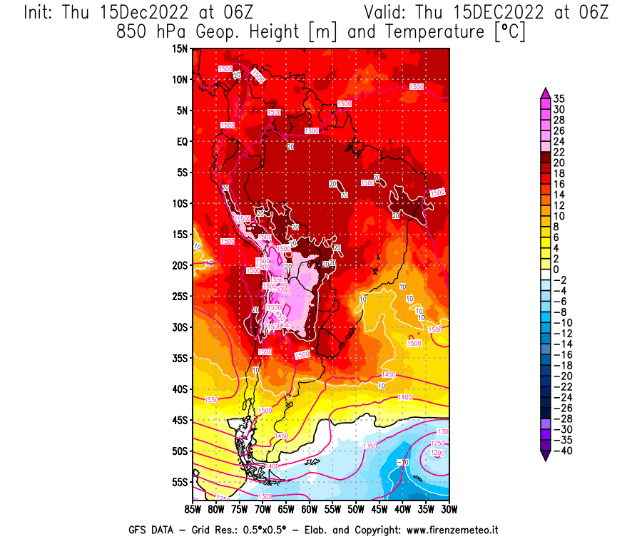 Mappa di analisi GFS - Geopotenziale [m] e Temperatura [°C] a 850 hPa in Sud-America
							del 15/12/2022 06 <!--googleoff: index-->UTC<!--googleon: index-->