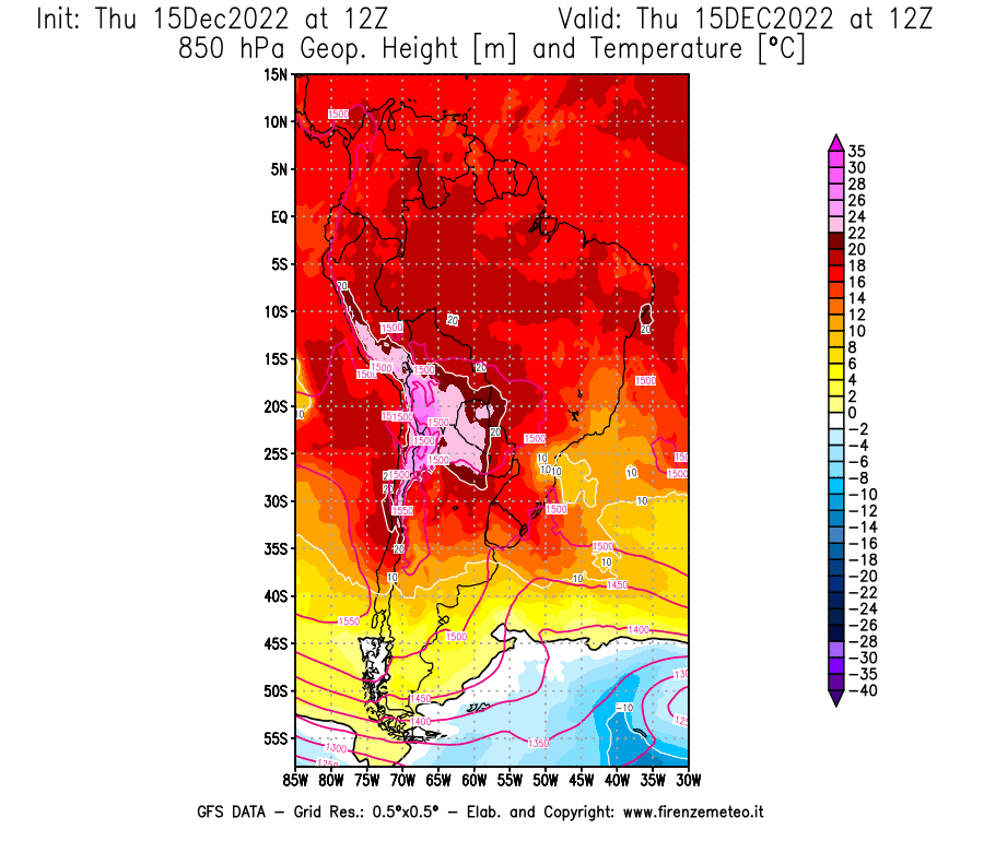 Mappa di analisi GFS - Geopotenziale [m] e Temperatura [°C] a 850 hPa in Sud-America
							del 15/12/2022 12 <!--googleoff: index-->UTC<!--googleon: index-->