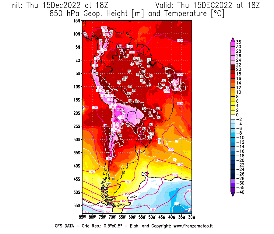 Mappa di analisi GFS - Geopotenziale [m] e Temperatura [°C] a 850 hPa in Sud-America
							del 15/12/2022 18 <!--googleoff: index-->UTC<!--googleon: index-->