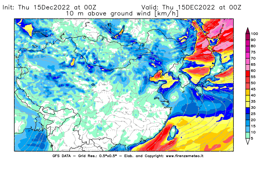 Mappa di analisi GFS - Velocità del vento a 10 metri dal suolo [km/h] in Asia Orientale
							del 15/12/2022 00 <!--googleoff: index-->UTC<!--googleon: index-->