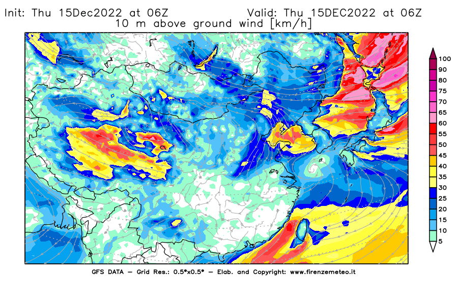 Mappa di analisi GFS - Velocità del vento a 10 metri dal suolo [km/h] in Asia Orientale
							del 15/12/2022 06 <!--googleoff: index-->UTC<!--googleon: index-->