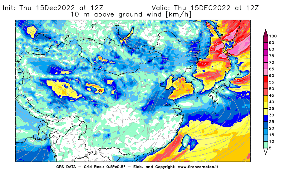 Mappa di analisi GFS - Velocità del vento a 10 metri dal suolo [km/h] in Asia Orientale
							del 15/12/2022 12 <!--googleoff: index-->UTC<!--googleon: index-->