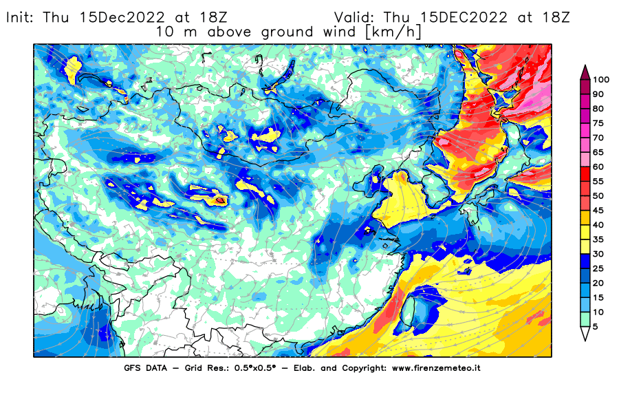 Mappa di analisi GFS - Velocità del vento a 10 metri dal suolo [km/h] in Asia Orientale
							del 15/12/2022 18 <!--googleoff: index-->UTC<!--googleon: index-->