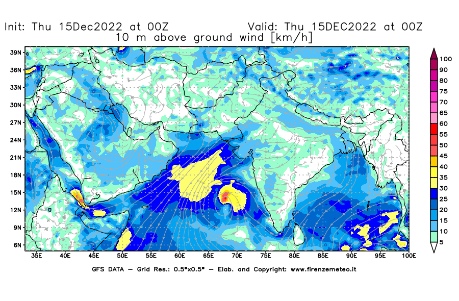 Mappa di analisi GFS - Velocità del vento a 10 metri dal suolo [km/h] in Asia Sud-Occidentale
							del 15/12/2022 00 <!--googleoff: index-->UTC<!--googleon: index-->