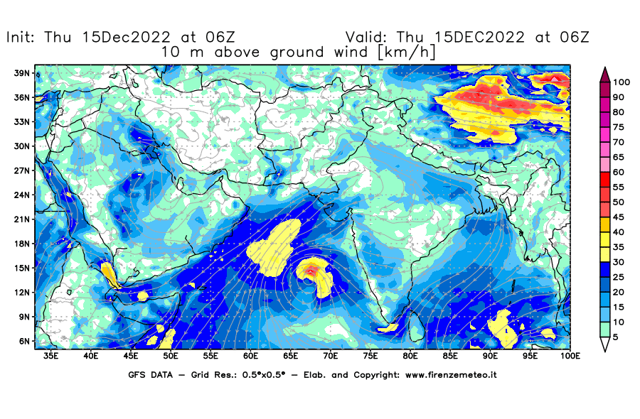 Mappa di analisi GFS - Velocità del vento a 10 metri dal suolo [km/h] in Asia Sud-Occidentale
							del 15/12/2022 06 <!--googleoff: index-->UTC<!--googleon: index-->