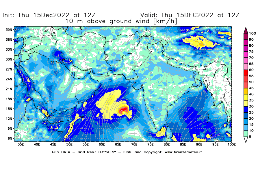 Mappa di analisi GFS - Velocità del vento a 10 metri dal suolo [km/h] in Asia Sud-Occidentale
							del 15/12/2022 12 <!--googleoff: index-->UTC<!--googleon: index-->