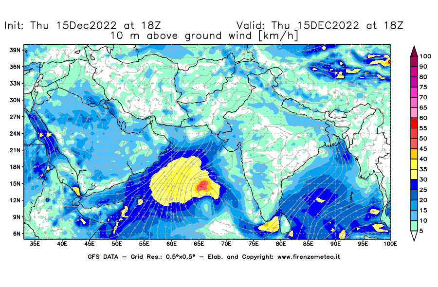 Mappa di analisi GFS - Velocità del vento a 10 metri dal suolo [km/h] in Asia Sud-Occidentale
							del 15/12/2022 18 <!--googleoff: index-->UTC<!--googleon: index-->