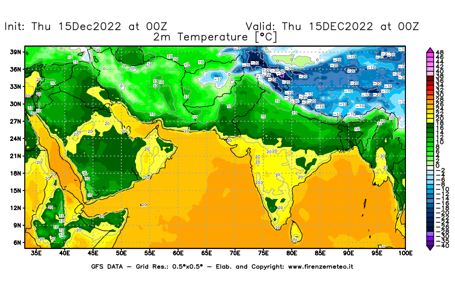 Mappa di analisi GFS - Temperatura a 2 metri dal suolo [°C] in Asia Sud-Occidentale
							del 15/12/2022 00 <!--googleoff: index-->UTC<!--googleon: index-->