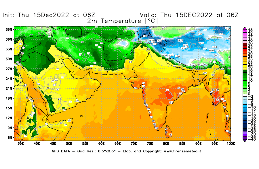 Mappa di analisi GFS - Temperatura a 2 metri dal suolo [°C] in Asia Sud-Occidentale
							del 15/12/2022 06 <!--googleoff: index-->UTC<!--googleon: index-->