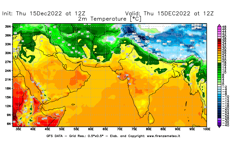 Mappa di analisi GFS - Temperatura a 2 metri dal suolo [°C] in Asia Sud-Occidentale
							del 15/12/2022 12 <!--googleoff: index-->UTC<!--googleon: index-->