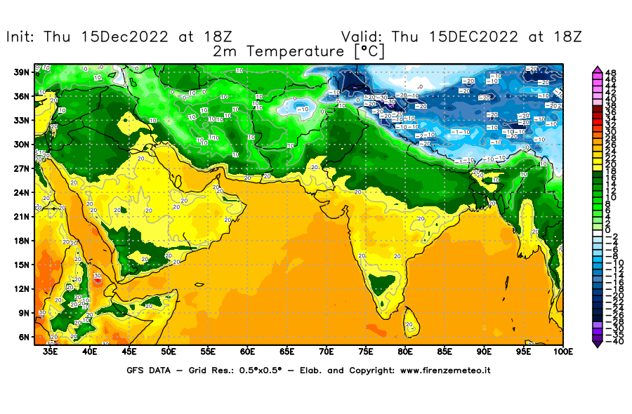 Mappa di analisi GFS - Temperatura a 2 metri dal suolo [°C] in Asia Sud-Occidentale
							del 15/12/2022 18 <!--googleoff: index-->UTC<!--googleon: index-->