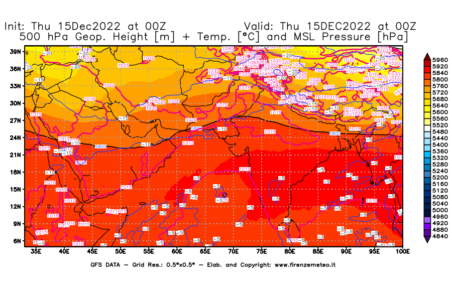 Mappa di analisi GFS - Geopotenziale [m] + Temp. [°C] a 500 hPa + Press. a livello del mare [hPa] in Asia Sud-Occidentale
							del 15/12/2022 00 <!--googleoff: index-->UTC<!--googleon: index-->