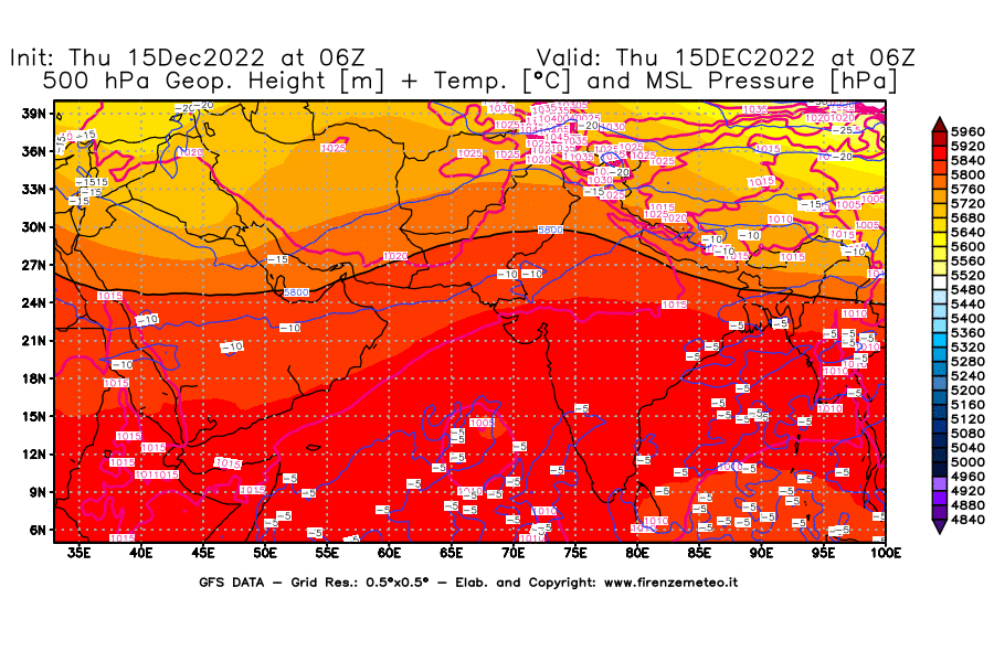 Mappa di analisi GFS - Geopotenziale [m] + Temp. [°C] a 500 hPa + Press. a livello del mare [hPa] in Asia Sud-Occidentale
							del 15/12/2022 06 <!--googleoff: index-->UTC<!--googleon: index-->