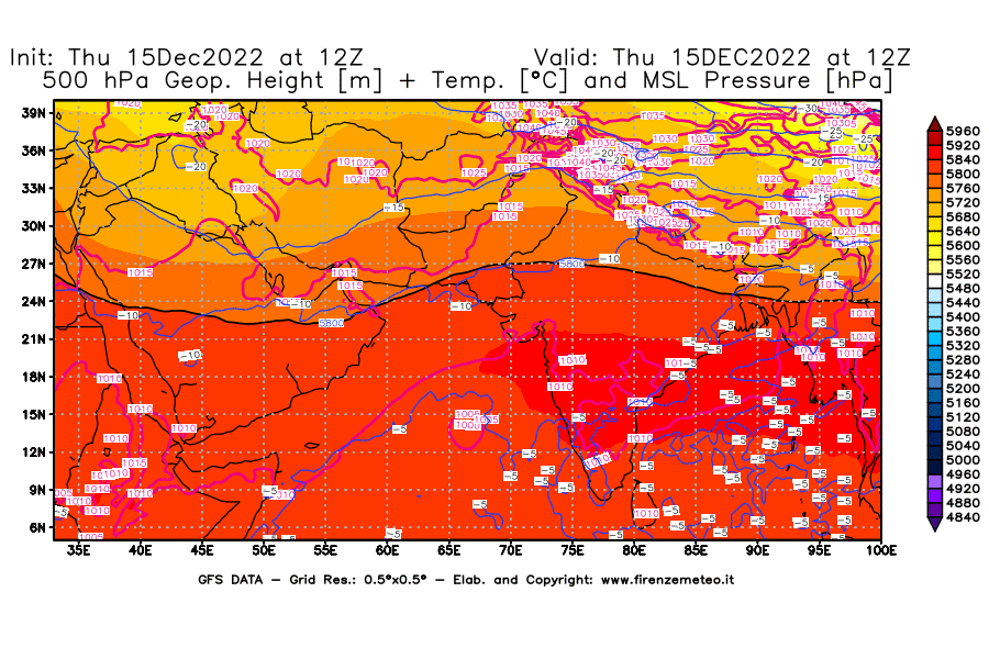 Mappa di analisi GFS - Geopotenziale [m] + Temp. [°C] a 500 hPa + Press. a livello del mare [hPa] in Asia Sud-Occidentale
							del 15/12/2022 12 <!--googleoff: index-->UTC<!--googleon: index-->