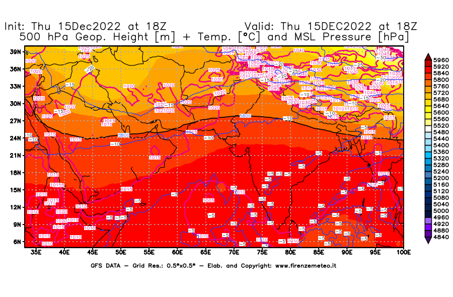 Mappa di analisi GFS - Geopotenziale [m] + Temp. [°C] a 500 hPa + Press. a livello del mare [hPa] in Asia Sud-Occidentale
							del 15/12/2022 18 <!--googleoff: index-->UTC<!--googleon: index-->