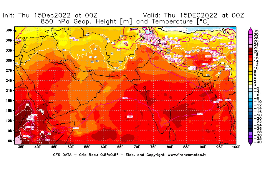 Mappa di analisi GFS - Geopotenziale [m] e Temperatura [°C] a 850 hPa in Asia Sud-Occidentale
							del 15/12/2022 00 <!--googleoff: index-->UTC<!--googleon: index-->