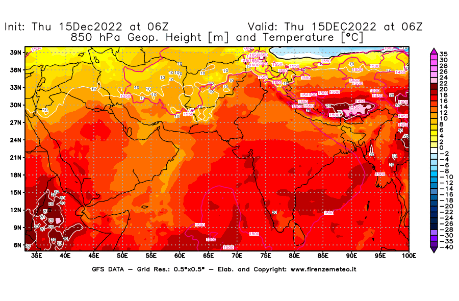 Mappa di analisi GFS - Geopotenziale [m] e Temperatura [°C] a 850 hPa in Asia Sud-Occidentale
							del 15/12/2022 06 <!--googleoff: index-->UTC<!--googleon: index-->