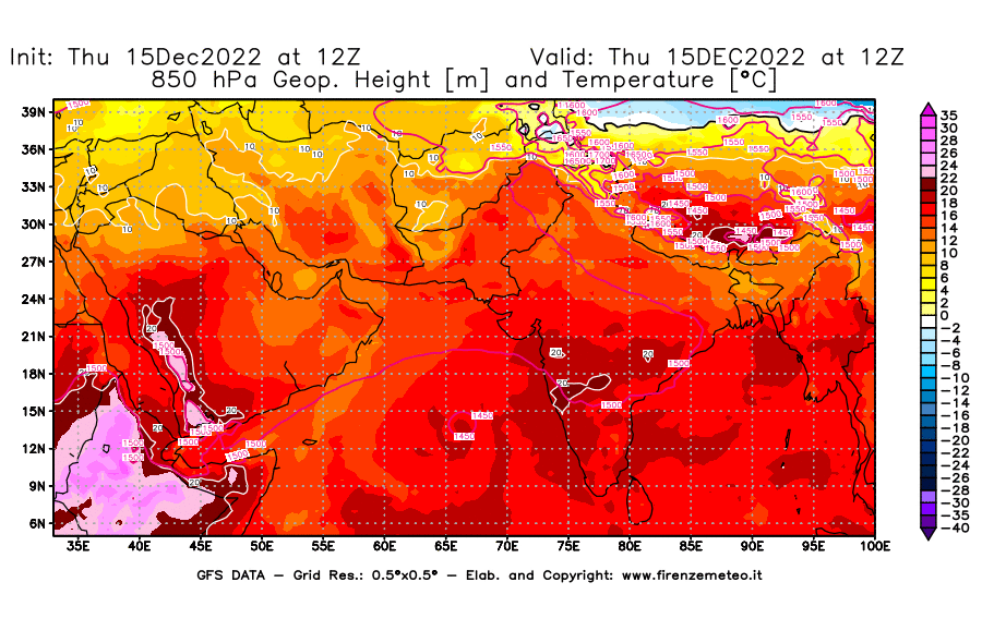 Mappa di analisi GFS - Geopotenziale [m] e Temperatura [°C] a 850 hPa in Asia Sud-Occidentale
							del 15/12/2022 12 <!--googleoff: index-->UTC<!--googleon: index-->