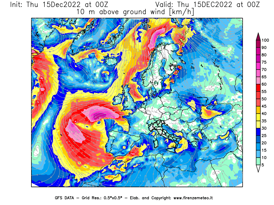 Mappa di analisi GFS - Velocità del vento a 10 metri dal suolo [km/h] in Europa
							del 15/12/2022 00 <!--googleoff: index-->UTC<!--googleon: index-->