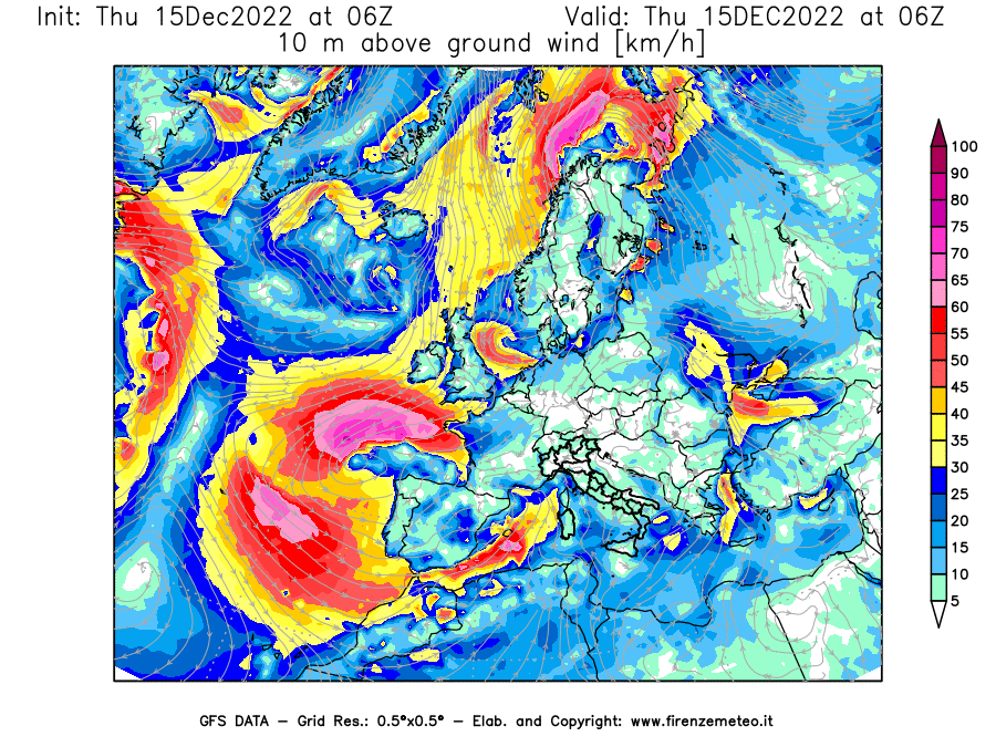 Mappa di analisi GFS - Velocità del vento a 10 metri dal suolo [km/h] in Europa
							del 15/12/2022 06 <!--googleoff: index-->UTC<!--googleon: index-->