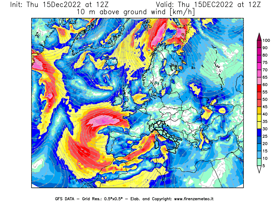 Mappa di analisi GFS - Velocità del vento a 10 metri dal suolo [km/h] in Europa
							del 15/12/2022 12 <!--googleoff: index-->UTC<!--googleon: index-->