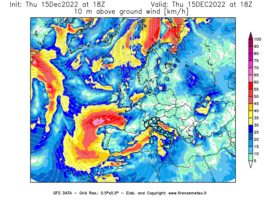 Mappa di analisi GFS - Velocità del vento a 10 metri dal suolo [km/h] in Europa
							del 15/12/2022 18 <!--googleoff: index-->UTC<!--googleon: index-->