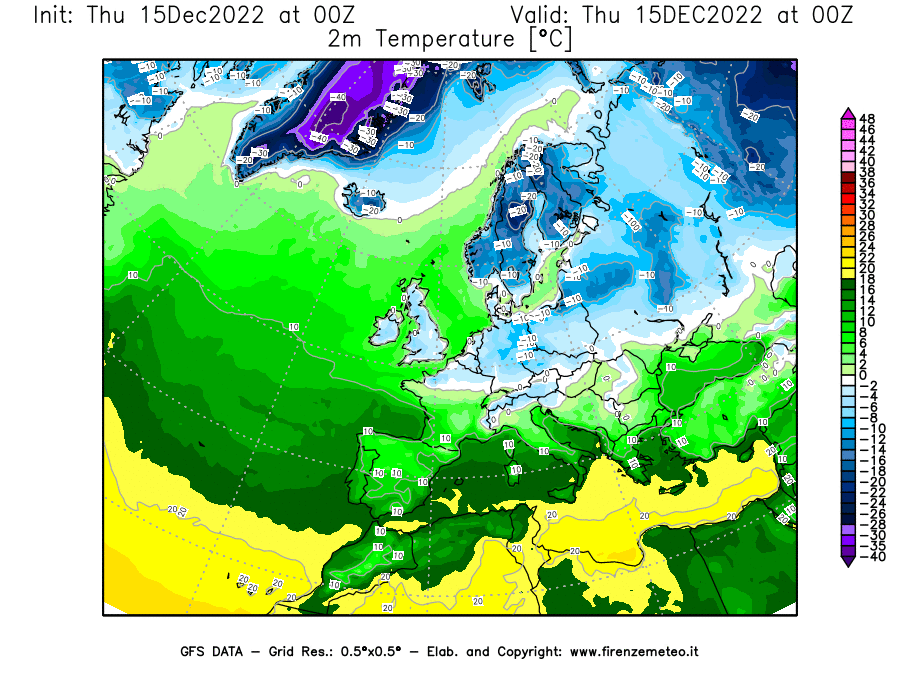 Mappa di analisi GFS - Temperatura a 2 metri dal suolo [°C] in Europa
							del 15/12/2022 00 <!--googleoff: index-->UTC<!--googleon: index-->