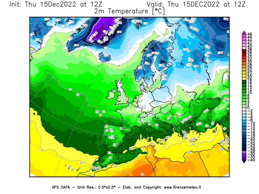 Mappa di analisi GFS - Temperatura a 2 metri dal suolo [°C] in Europa
							del 15/12/2022 12 <!--googleoff: index-->UTC<!--googleon: index-->