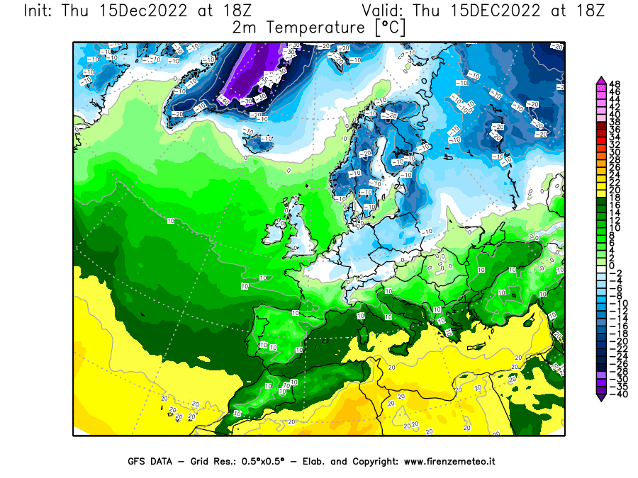 Mappa di analisi GFS - Temperatura a 2 metri dal suolo [°C] in Europa
							del 15/12/2022 18 <!--googleoff: index-->UTC<!--googleon: index-->