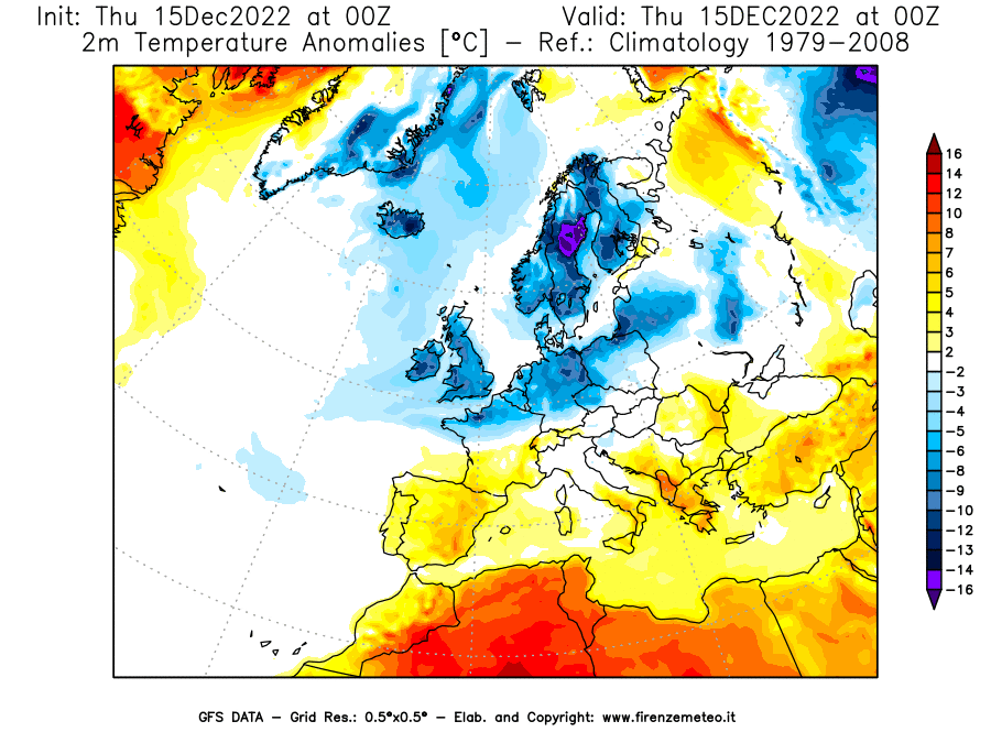 Mappa di analisi GFS - Anomalia Temperatura [°C] a 2 m in Europa
							del 15/12/2022 00 <!--googleoff: index-->UTC<!--googleon: index-->