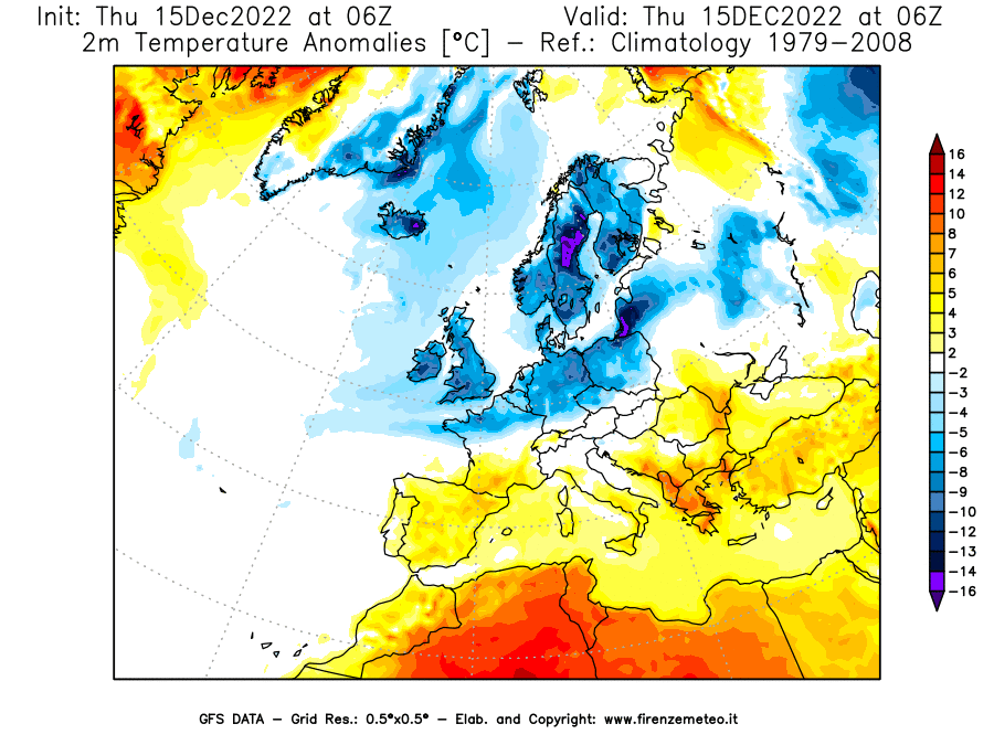 Mappa di analisi GFS - Anomalia Temperatura [°C] a 2 m in Europa
							del 15/12/2022 06 <!--googleoff: index-->UTC<!--googleon: index-->