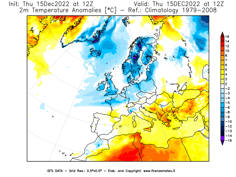 Mappa di analisi GFS - Anomalia Temperatura [°C] a 2 m in Europa
							del 15/12/2022 12 <!--googleoff: index-->UTC<!--googleon: index-->