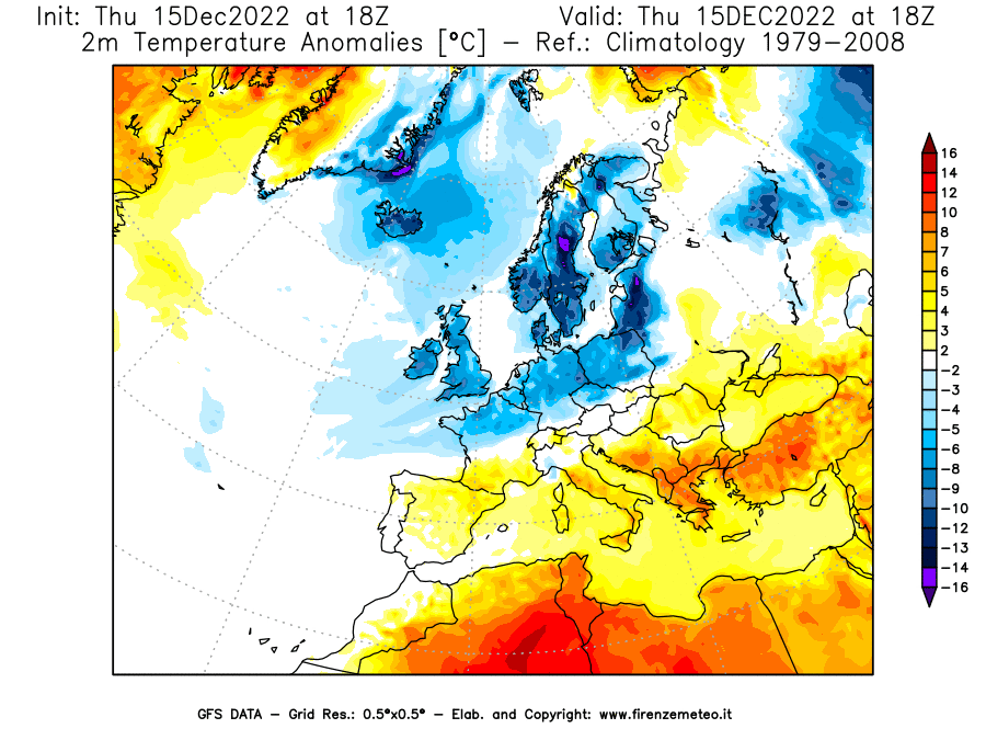 Mappa di analisi GFS - Anomalia Temperatura [°C] a 2 m in Europa
							del 15/12/2022 18 <!--googleoff: index-->UTC<!--googleon: index-->