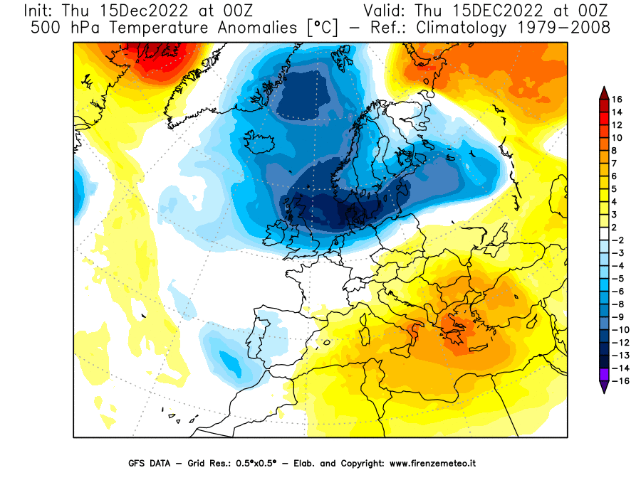 Mappa di analisi GFS - Anomalia Temperatura [°C] a 500 hPa in Europa
							del 15/12/2022 00 <!--googleoff: index-->UTC<!--googleon: index-->