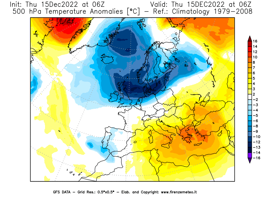 Mappa di analisi GFS - Anomalia Temperatura [°C] a 500 hPa in Europa
							del 15/12/2022 06 <!--googleoff: index-->UTC<!--googleon: index-->