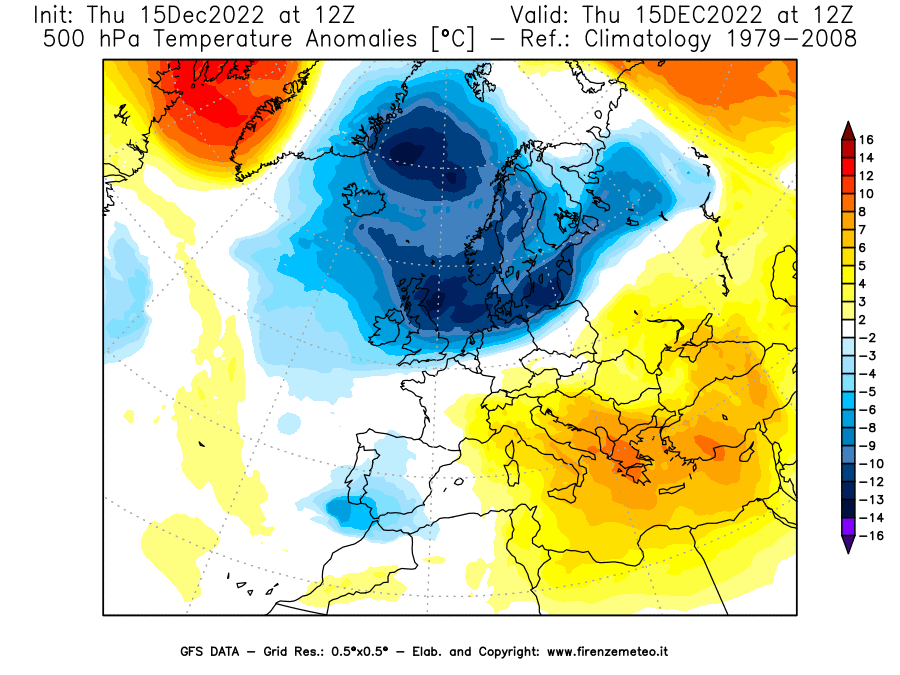 Mappa di analisi GFS - Anomalia Temperatura [°C] a 500 hPa in Europa
							del 15/12/2022 12 <!--googleoff: index-->UTC<!--googleon: index-->