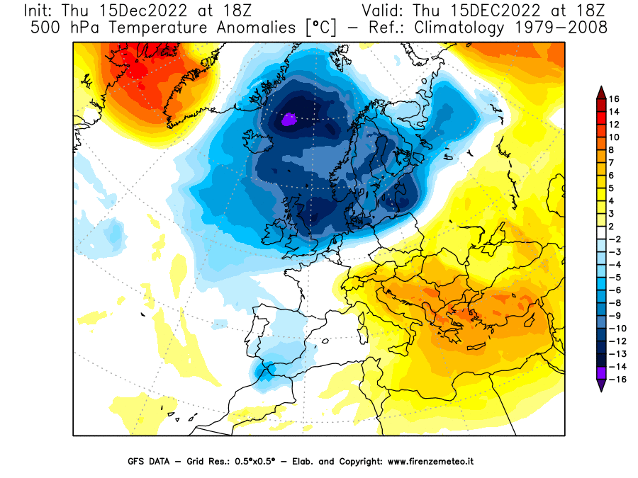 Mappa di analisi GFS - Anomalia Temperatura [°C] a 500 hPa in Europa
							del 15/12/2022 18 <!--googleoff: index-->UTC<!--googleon: index-->