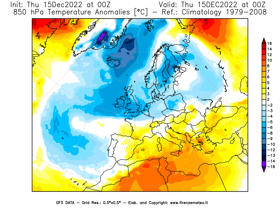 Mappa di analisi GFS - Anomalia Temperatura [°C] a 850 hPa in Europa
							del 15/12/2022 00 <!--googleoff: index-->UTC<!--googleon: index-->