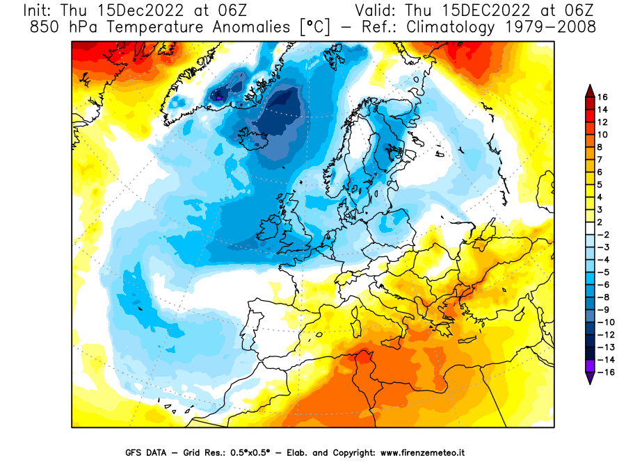 Mappa di analisi GFS - Anomalia Temperatura [°C] a 850 hPa in Europa
							del 15/12/2022 06 <!--googleoff: index-->UTC<!--googleon: index-->